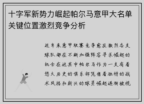 十字军新势力崛起帕尔马意甲大名单关键位置激烈竞争分析