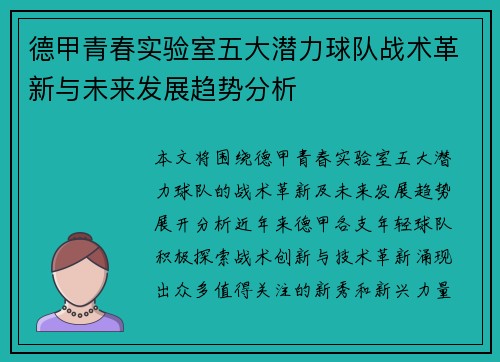 德甲青春实验室五大潜力球队战术革新与未来发展趋势分析