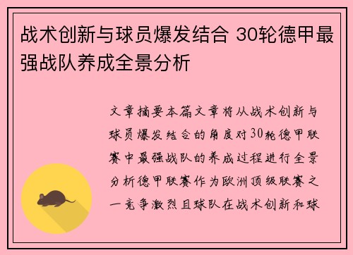 战术创新与球员爆发结合 30轮德甲最强战队养成全景分析