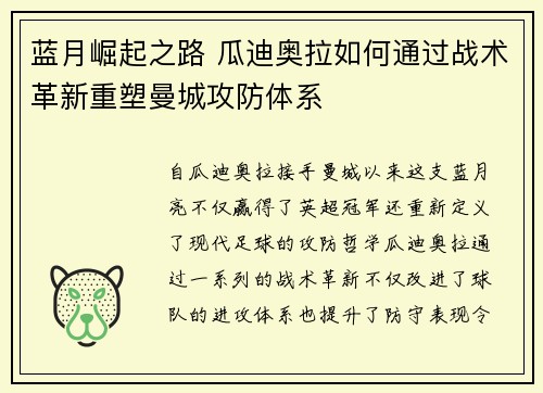 蓝月崛起之路 瓜迪奥拉如何通过战术革新重塑曼城攻防体系