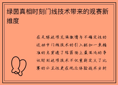 绿茵真相时刻门线技术带来的观赛新维度